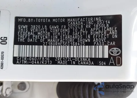 2014 Toyota Corolla Le z USA, uszkodzony, nr VIN 2T1BURHE5EC168425